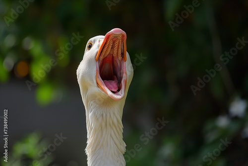 silly goose face with open beak honking close up photo 