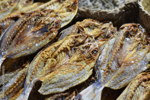 Dried salted fish sell in Indonesia traditional market, Sell in packages or by scales. Selective Focus image.