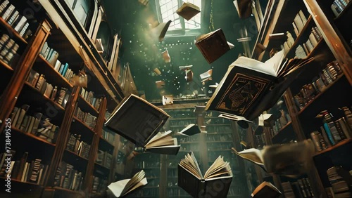 Old books floating in an old library, magical fairy tale atmosphere photo