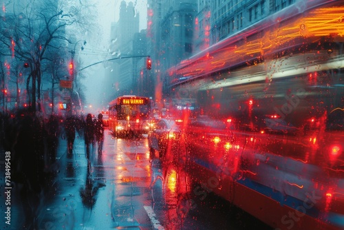 Blurred cityscape through rain-soaked window, vibrant, bustling
