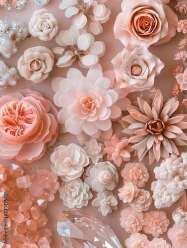 Top-down view of a rose-tinted paper crafted floral arrangement photo