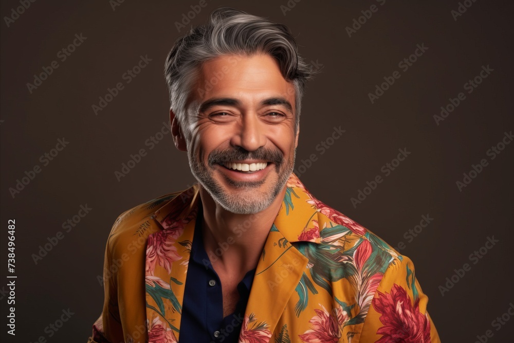Portrait of a handsome mature man in a colorful shirt, smiling. Portrait of a handsome mature man in a colorful shirt, smiling.
