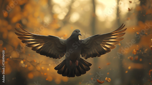 a pigeon in flight with trees background, dynamic pose © growth.ai