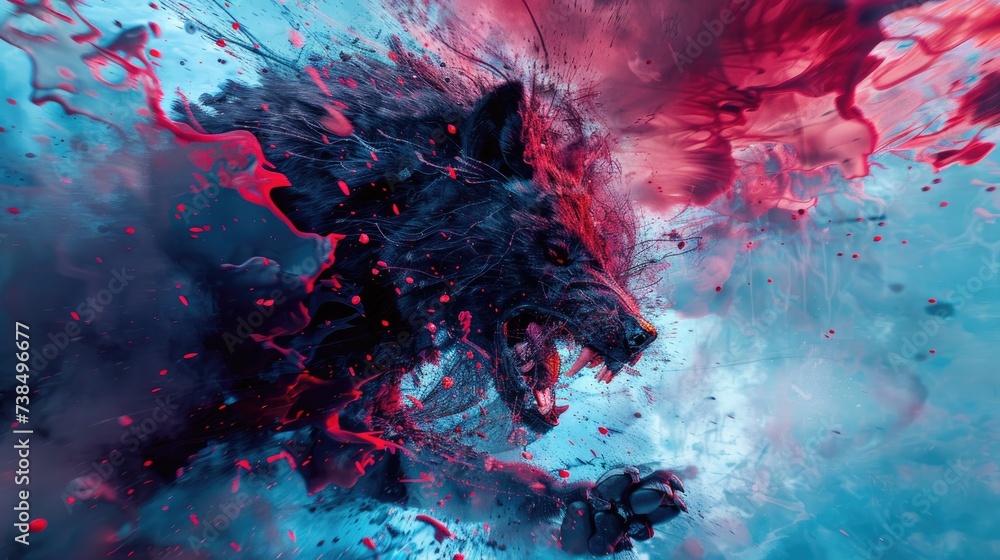 Surreal Wolf Explosion in Vivid Red and Blue Abstract Art, werewolf attack human fighter Surreal Wolf Explosion in Vivid Red and Blue Abstract Art, werewolf attack human fighter