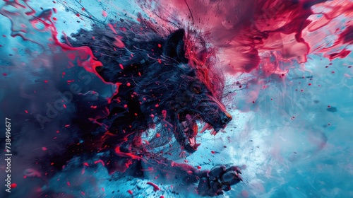 Fotografie, Obraz Surreal Wolf Explosion in Vivid Red and Blue Abstract Art, werewolf attack human