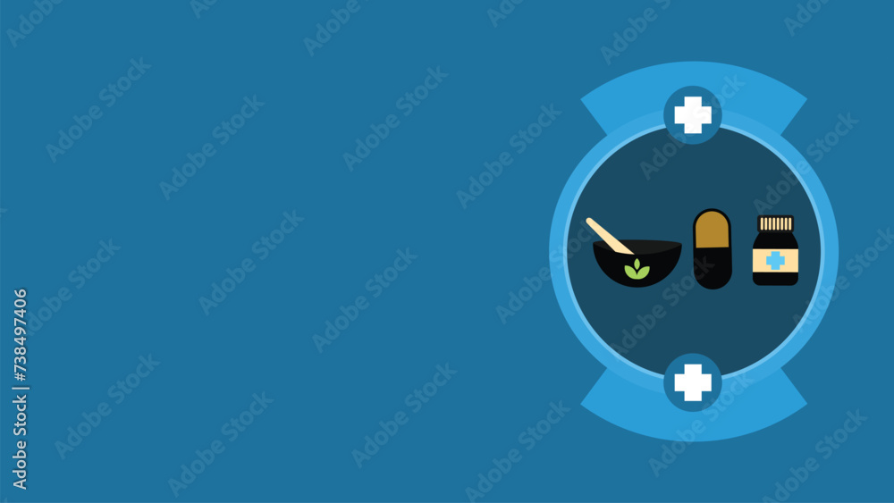 Medical concept vector banner design with medical cross sign, medicine icons, pill capsule, pill bottle icon on a blue background for advertisement, social media, web, flyer and more. Medical concept vector banner design with medical cross sign, medicine icons, pill capsule, pill bottle icon on a blue background for advertisement, social media, web, flyer and more.