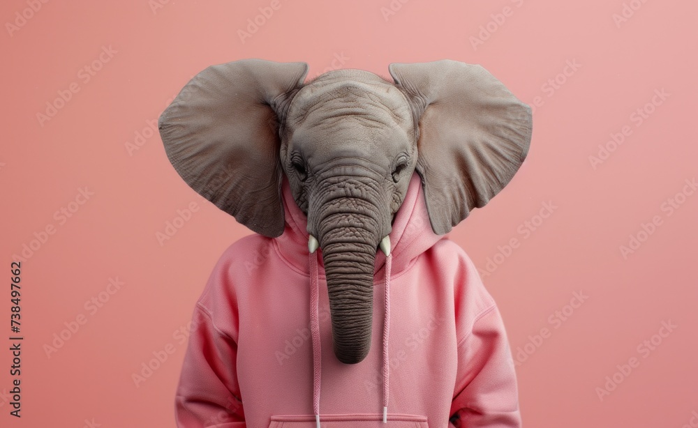 Young elephant with head peeking out from pink hoodie