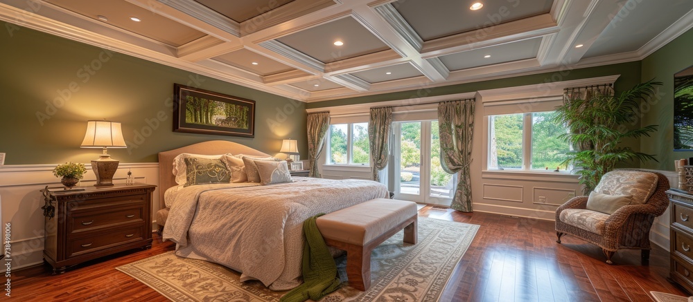 Custom master bedroom with bold green color, fresh paint, crown and ...