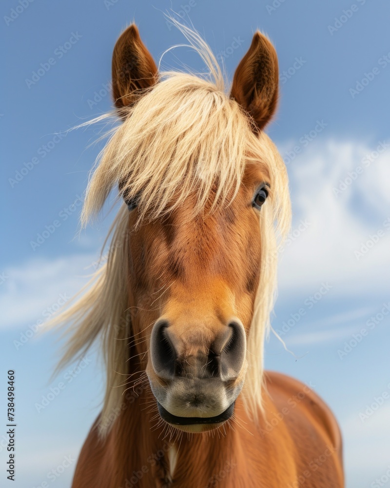 Fototapeta premium Close-up portrait of a palomino horse with a lush mane