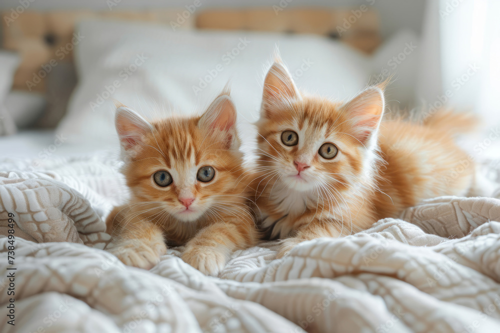 two small red kittens are lying on a light bed and looking at the camera, pets in the room