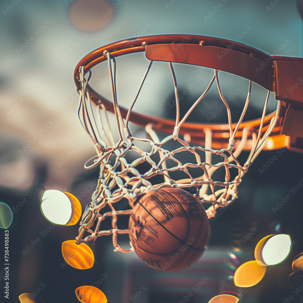 Capturing the Climax: A Close-Up of a Basketball Net as the Ball Swishes Through, with the Warm Glow of Bokeh Lights Adding Drama to the Moment