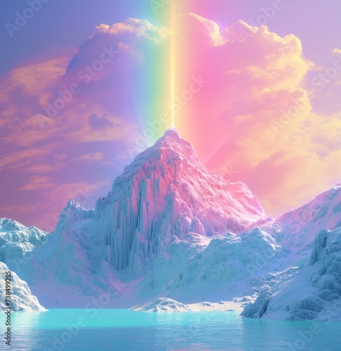 Digital illustration of an icy environment with a brilliant rainbow aurora