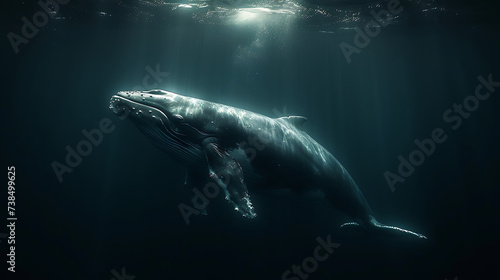 Ultra minimalism photography of a whale, sunlight penetration, dark background © growth.ai