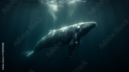 Ultra minimalism photography of a whale, sunlight penetration, dark background