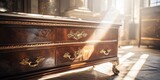 Antique furniture with marble top drawer, wooden adornments, and sunlight.