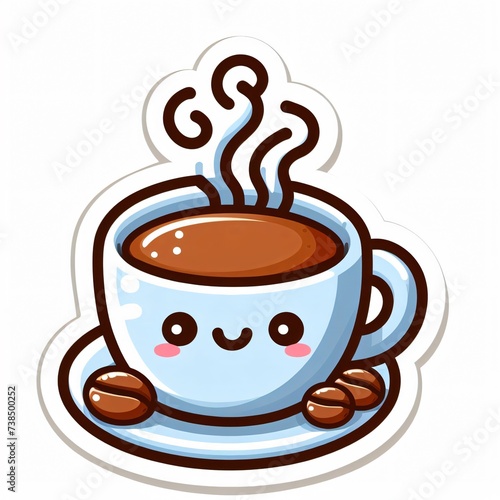illustrated cute cartoon coffee cup with plate sticker with white background