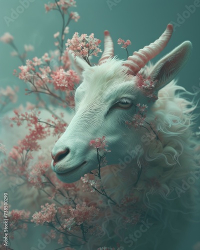 An illustrated goat surrounded by pink blossoms and mist