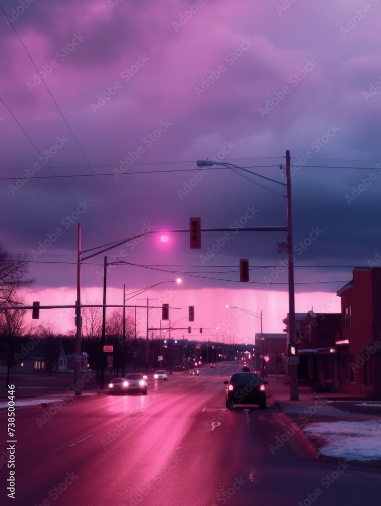 A quiet road scene under a dramatic pink and purple sunset sky