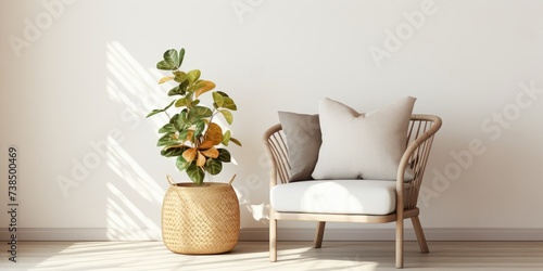Minimalistic living room with a stylish rattan armchair, palm leaf, plaid, beige macrame, flowers, and elegant accessories. Wall in eucalyptus color.