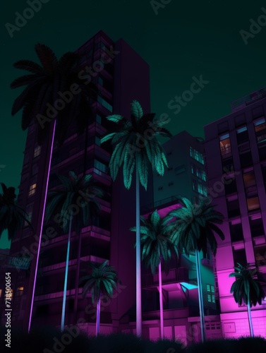 Palm trees and buildings under a neon-lit sky, creating a futuristic urban scene
