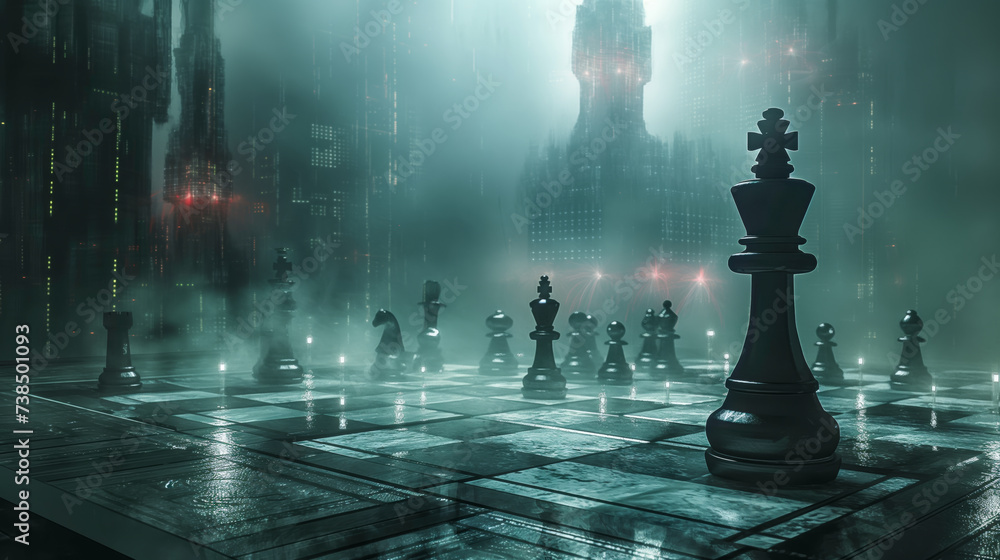 Futuristic dark gothic city with large misty chess themed center square architecture  - obrazy, fototapety, plakaty 