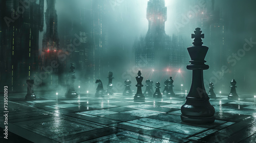 Futuristic dark gothic city with large misty chess themed center square architecture  photo