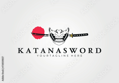 evil samurai with katana sword logo vector vintage illustration