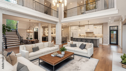 Beautiful and large living room interior with wooden floors and vaulted ceiling in a new luxury home.