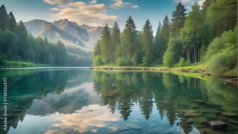 reflection of trees in the lake, Tranquil forest reflecting in a ...