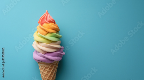 Rainbow colored ice cream in a cone on a blue background