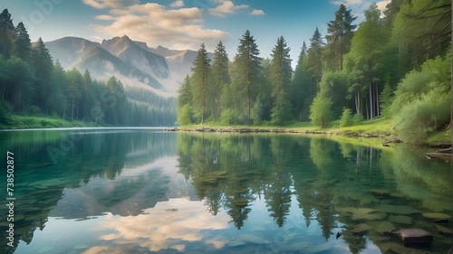 reflection of trees in the lake, Tranquil forest reflecting in a crystal clear lake and skyyy