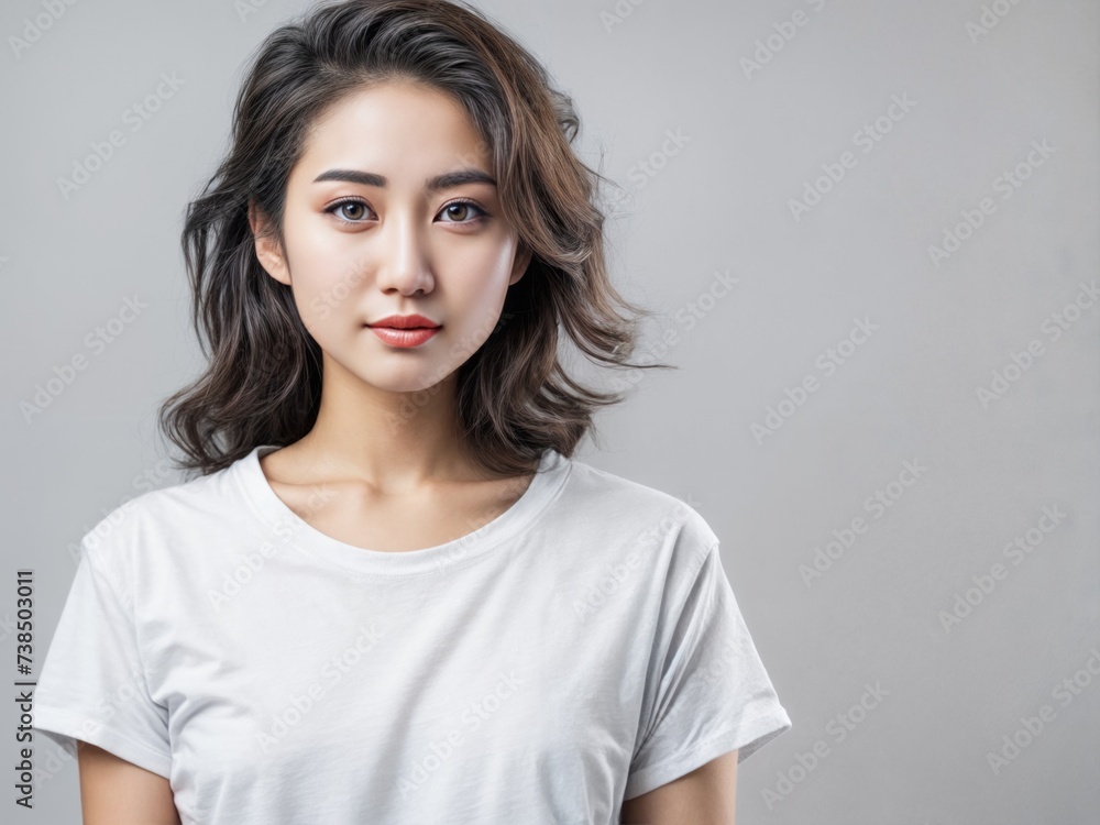 Fototapeta premium Portrait of a beautiful young Asian woman in a white t-shirt on a gray background