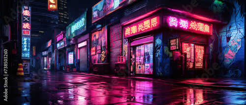 Different neon signs and lights in urban city.