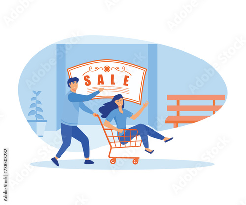 Big sale concept. Man push shopping cart with woman. Big sale shopping.  flat vector modern illustration 