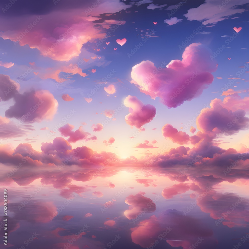 sunset sky filled with heart-shaped clouds and hues of pink and purple ...
