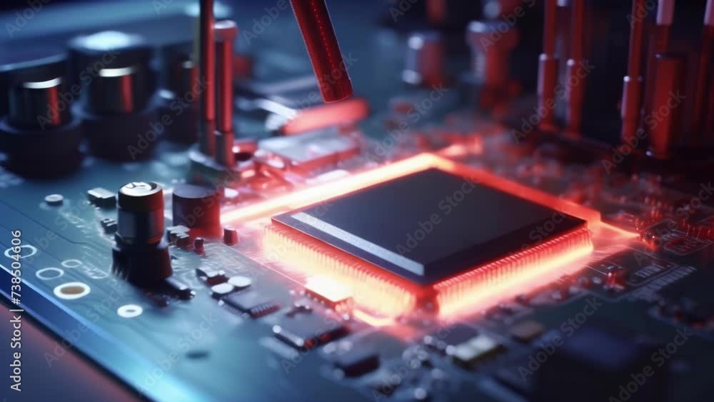 Precise solder being applied to the base of a computer component with a precision applicator in order to tightly bond it to the printed circuit board. Precise solder being applied to the base of a computer component with a precision applicator in order to tightly bond it to the printed circuit board.