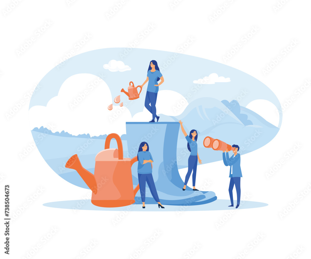 Ecology concept. Gardeners taking care of the garden, growing and studying plants in nature, clean ecology. flat vector modern illustration Ecology concept. Gardeners taking care of the garden, growing and studying plants in nature, clean ecology. flat vector modern illustration