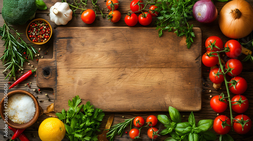 A wooden cutting board surrounded by various vegetables and spices on a dark wooden background.