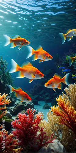 glow vibrant color gold fish swim in the underwater © Dwi