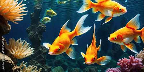 glow vibrant color gold fish swim in the underwater