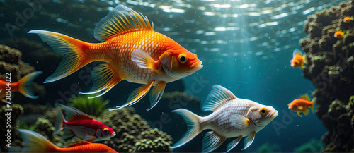 glow vibrant color gold fish swim in the underwater