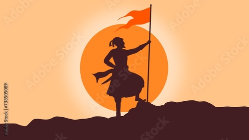 Chhatrapati Shivaji Maharaj holding flag in hand silhouette illustration with blank space for text photo