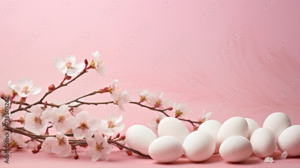 Soft pink eggs and delicate blossoms on a pastel pink backdrop. Ai Generated