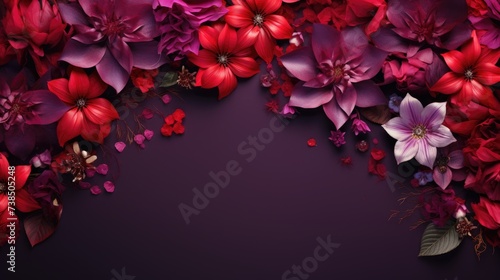 Flowers and petals arranged on a deep red and purple background. Ai Generated