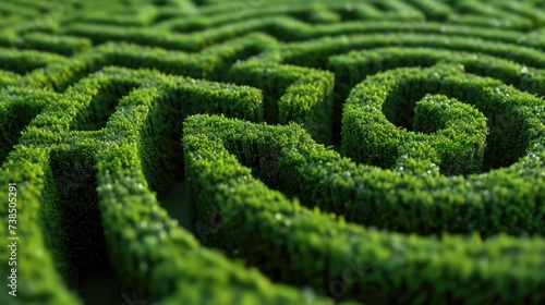 Traverse through a vibrant green maze leading to a circular center, Ai Generated. photo