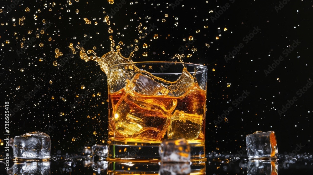 Whiskey splash with ice, bold and captivating, Ai Generated. Whiskey splash with ice, bold and captivating, Ai Generated.