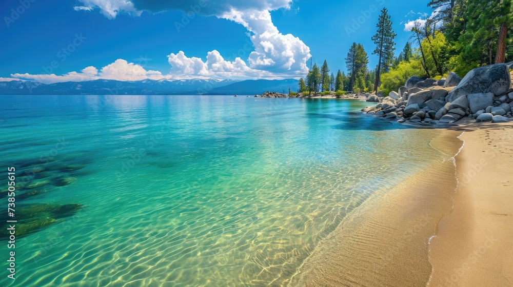 Fototapeta premium East Shore Beach, Lake Tahoe: calm turquoise waters under the sunny sky. Idyllic, Ai Generated.