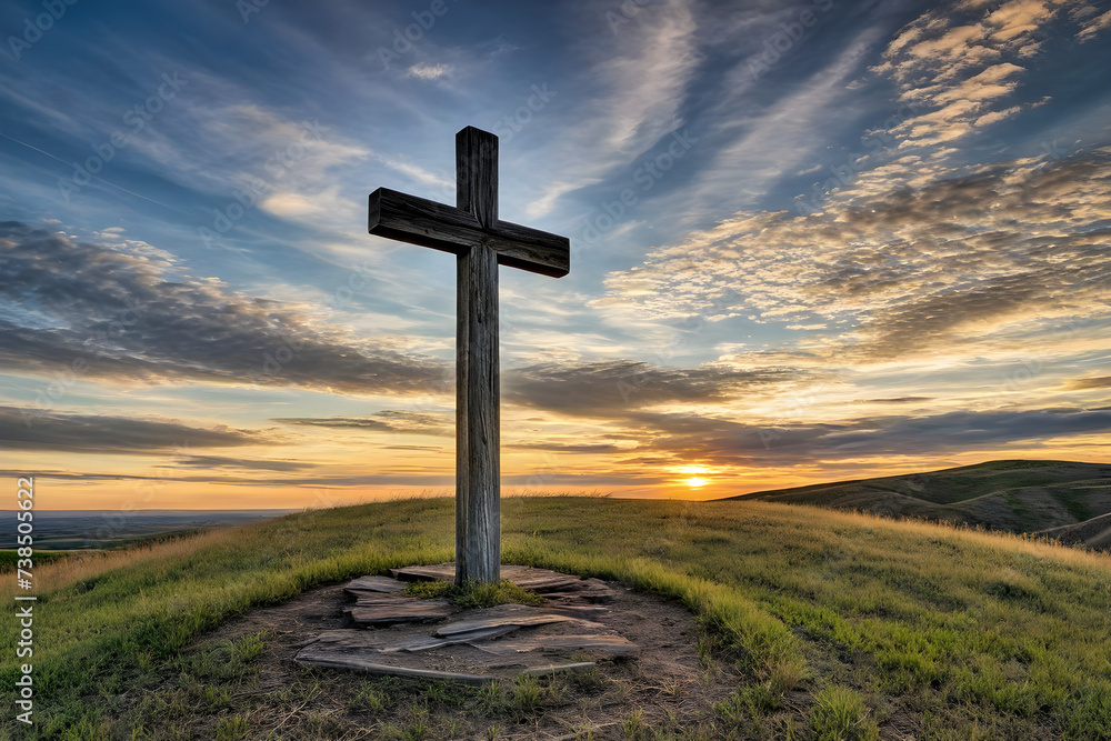A rustic wooden cross, antiqued texture, weathered by time, standing alone on a barren hill under a cloudy sky, cast in the fading light of a setting sun Generative AI A rustic wooden cross, antiqued texture, weathered by time, standing alone on a barren hill under a cloudy sky, cast in the fading light of a setting sun Generative AI