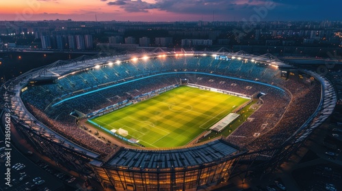 Aerial view of a soccer stadium in the evening a captivating sports panorama. Twilight allure, Ai Generated.