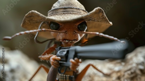An ant adorned in a tiny hat, gripping a gun with unexpected defiance and humor, Ai Generated.